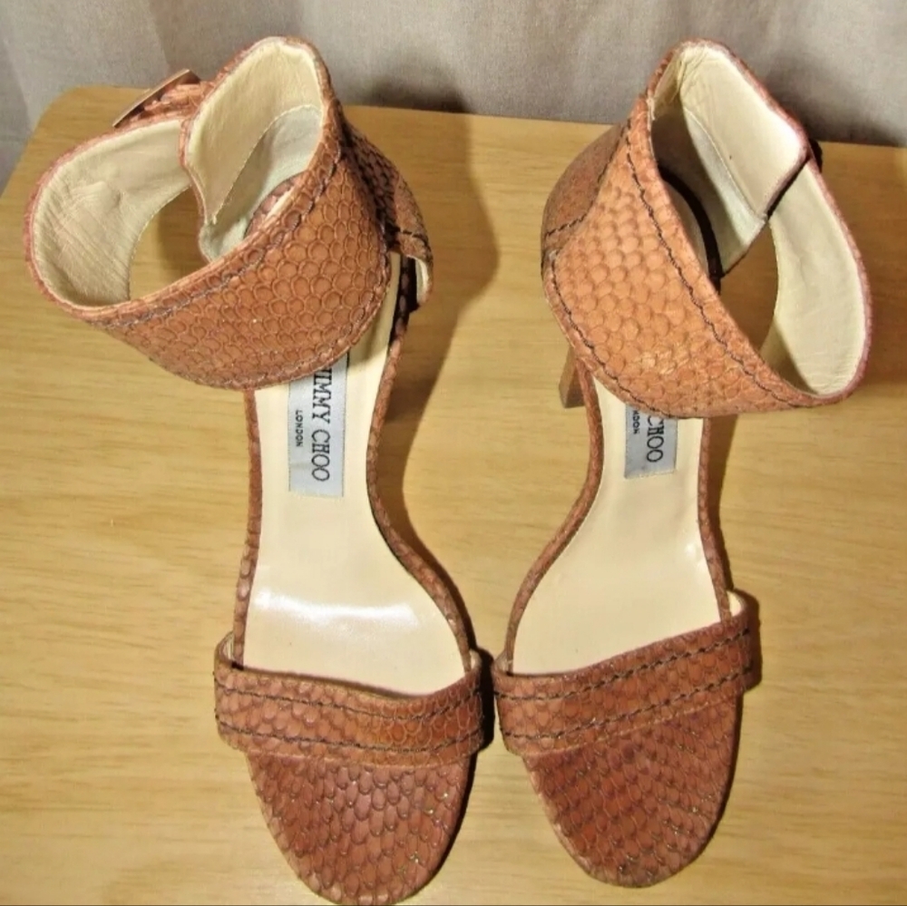 EUC Jimmy Choo Ankle Light Brown Iridescent Green Cuff Heels Size EU 37 US 7